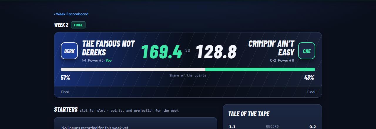 A matchup page header in both teams' colors with scores and the win-probability bar