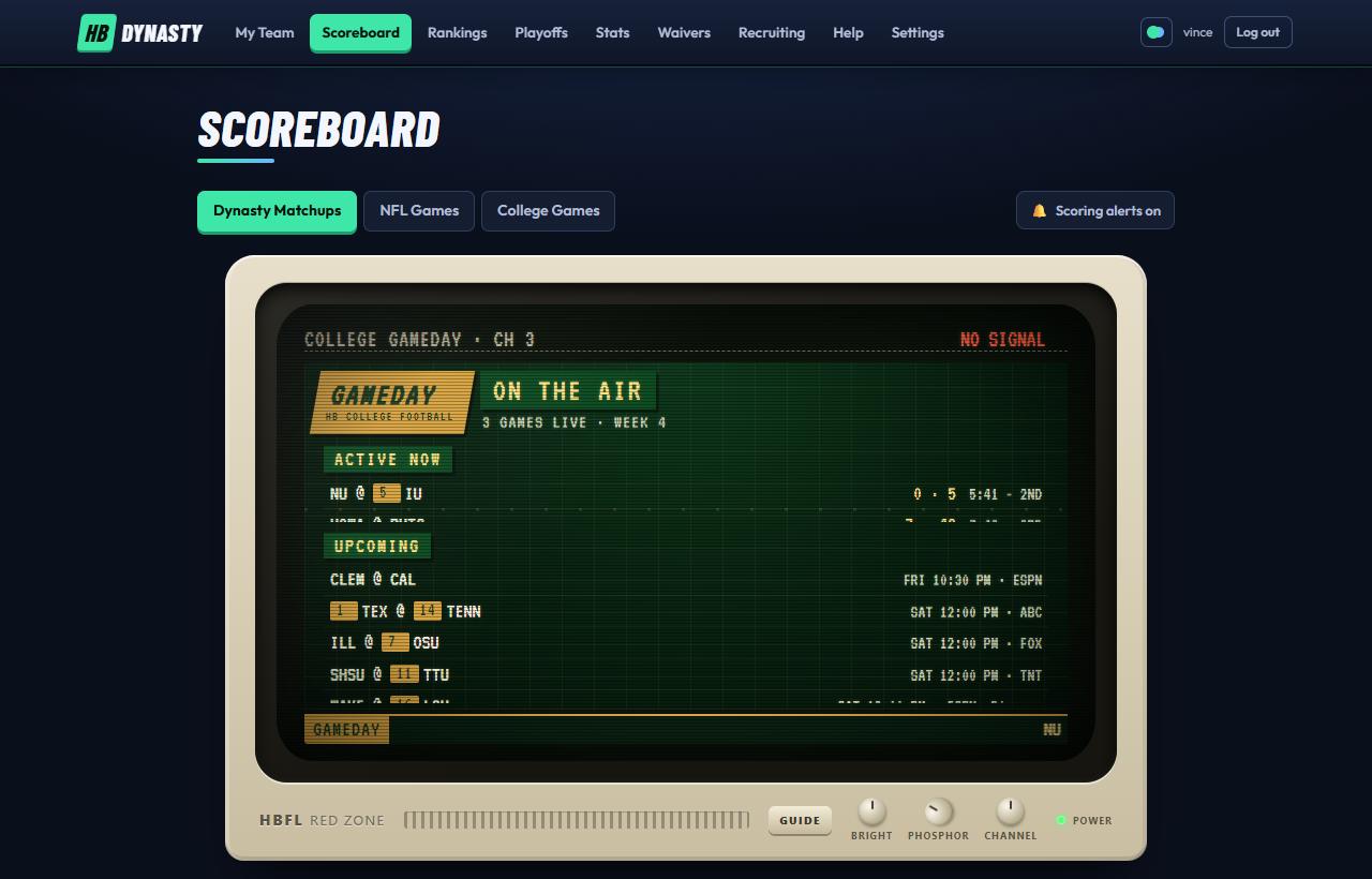 The Scoreboard: tabs, the TV monitor, the week picker and matchup cards